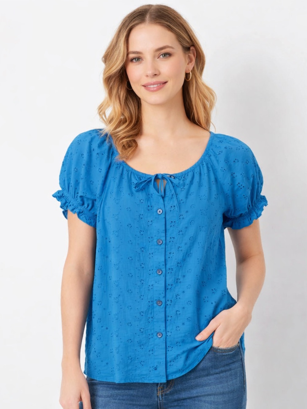Van Heusen Blue Eyelet Blouse Petite Small Puff Sleeve Cotton Top
